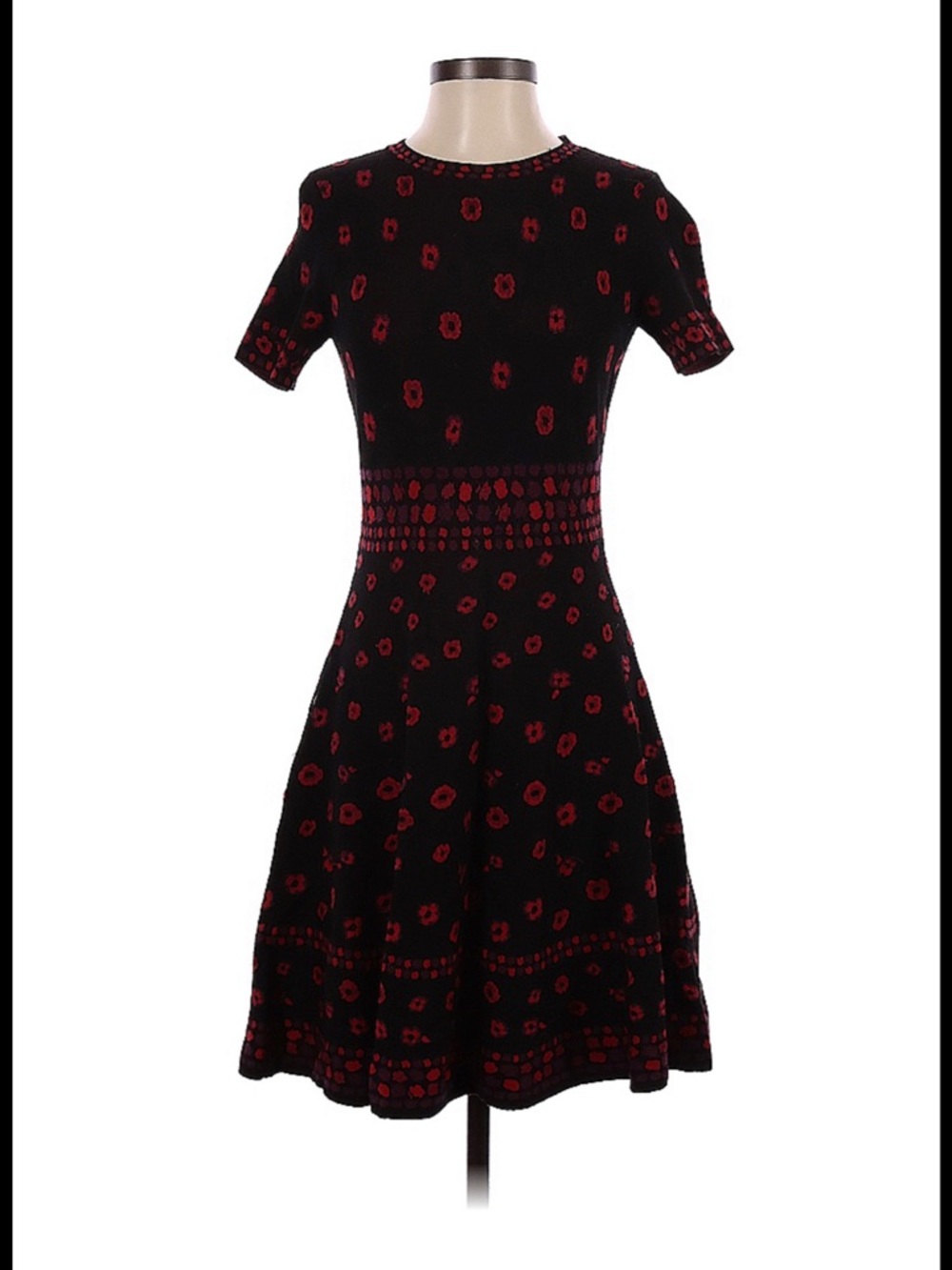 Kate Spade Black and Red Short Sleeve poppy Knit Fit-and-Flare Dress XS